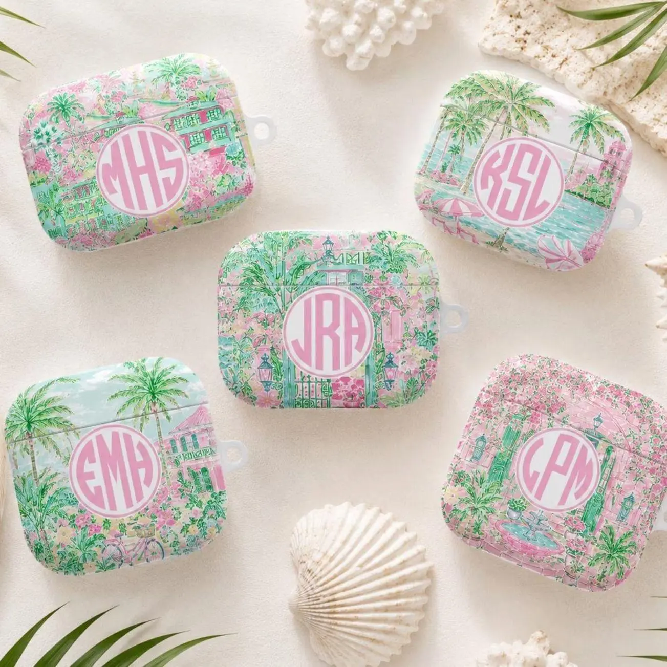 Pink Palm Beach Personalized AirPods  Case, Tropical Monogram Case,  Earbuds Cover, Preppy Summer Gift
