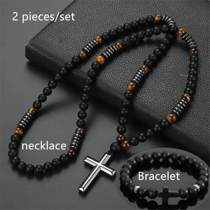 2Piece 8mm Black Onyx Hematite and Tiger Eye Beaded Necklace with Cross Bracelet Set Triple Protection Religious Jewelry for Anxiety Relief