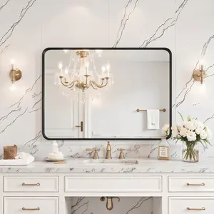 Matte Black Aluminum Frame Rounded Rectangle Modern Linear Bathroom Mirror, Anti-Rust Wall-Mounted Farmhouse Vanity Mirror, Horizontal/Vertical Hanging, for Bathroom and Bedroom Use, Modern Linear Mirror
