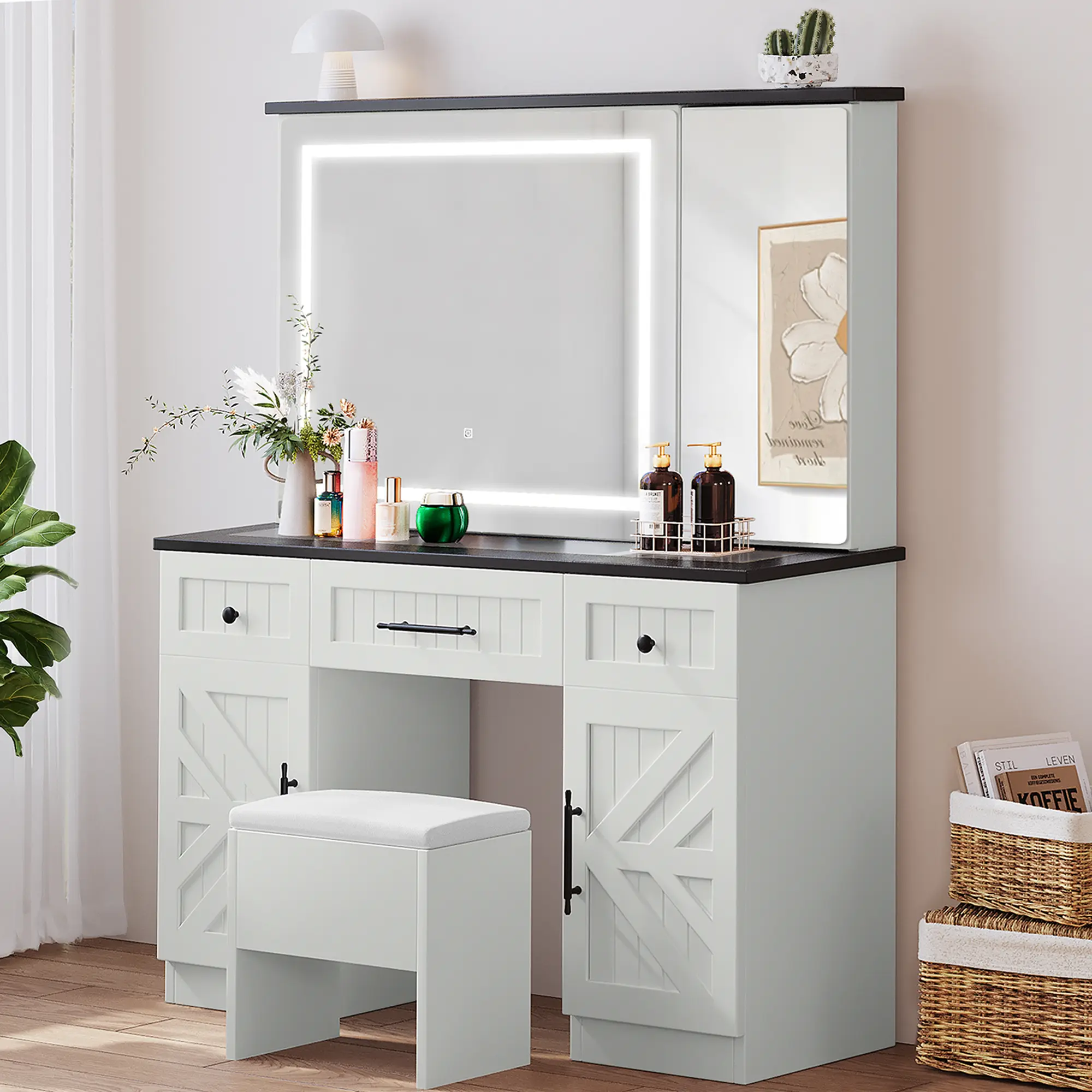 DWVO Farmhouse Vanity Set, Makeup Desk with Adjustable Lighted Mirror, Hidden Storage, Drawers, Cabinets, Modern Vanity Desk with Storage Stool