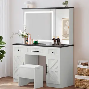DWVO Farmhouse Vanity Set, Makeup Desk with Adjustable Lighted Mirror, Hidden Storage, Drawers, Cabinets, Modern Vanity Desk with Storage Stool