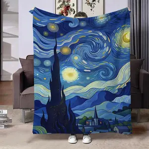 Starry Night Pattern Blanket, 1 Count Van Gogh Oil Painting Pattern Soft Blanket, Air Conditioning Blanket for Home Bedroom Living Room Sofa