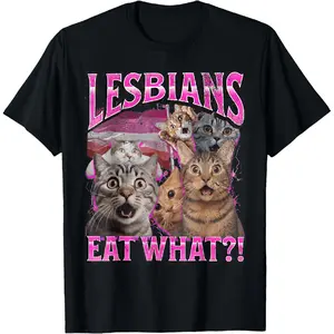 Golf Gift T-Shirt For Men And Women 100% Cotton Lesbians Eat What Funny Cat Gay Pride LGBTQ Pun T-Shirt