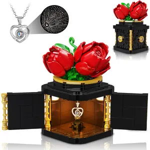 HOGOKIDS Flower Box Building Set with LED Light & Necklace, Preserved Roses with Heart Necklace I Love You Gift for Her Mom Wife Girlfriend on Birthday Valentines Mothers Day Anniversary(312 PCS)