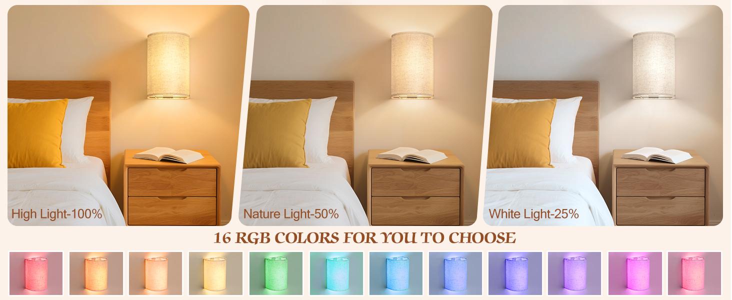 Battery Operated Wall Sconce: Wireless Wall Sconces Set of Two Magnetic Lamp Rechargeable Lights Dimmable with 16 RGB Colors Fabric Linen Shade with Remote Walls Decor for Bedroom Living Room