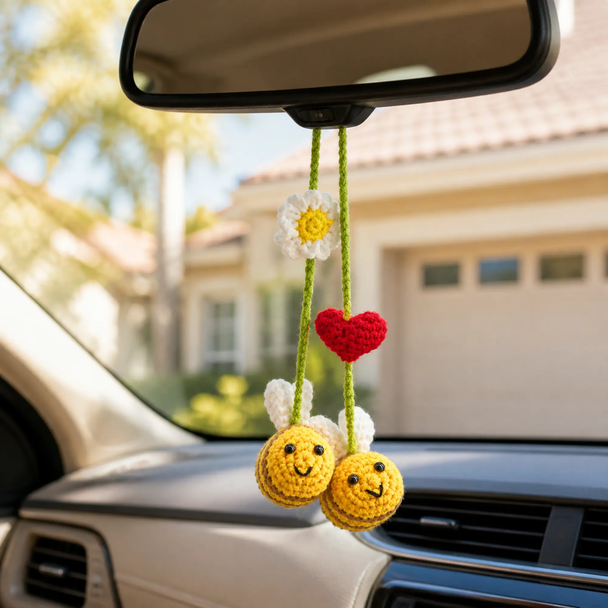 Handmade Crochet Bee Daisy Keychain - Car Interior Hanging Ornament, Rearview Mirror Charm with Heart, Yarn Decor, New Gift for Women & Bee Enthusiasts