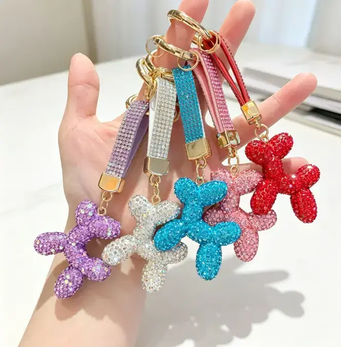 Rhinestone Balloon Dog Keychain with Imitation Gems Strap, Cool Keychains Collectible Sparkly Charm Ladies' Accessory for Car Keys Handbag Decor, Ideal Daily & Holiday Gift