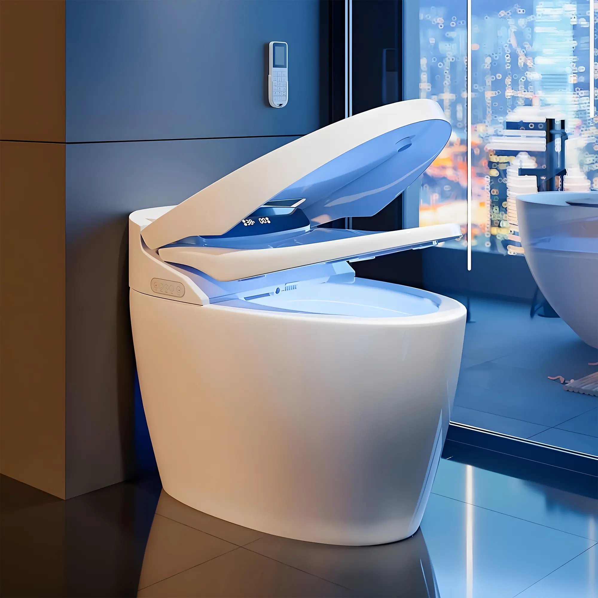 Smart toilets, electric smart toilets, integrate automatic lid opening and closing, flushing sensor, heated seat, warm air drying, remote control, and night light functions, suitable for bathrooms.
