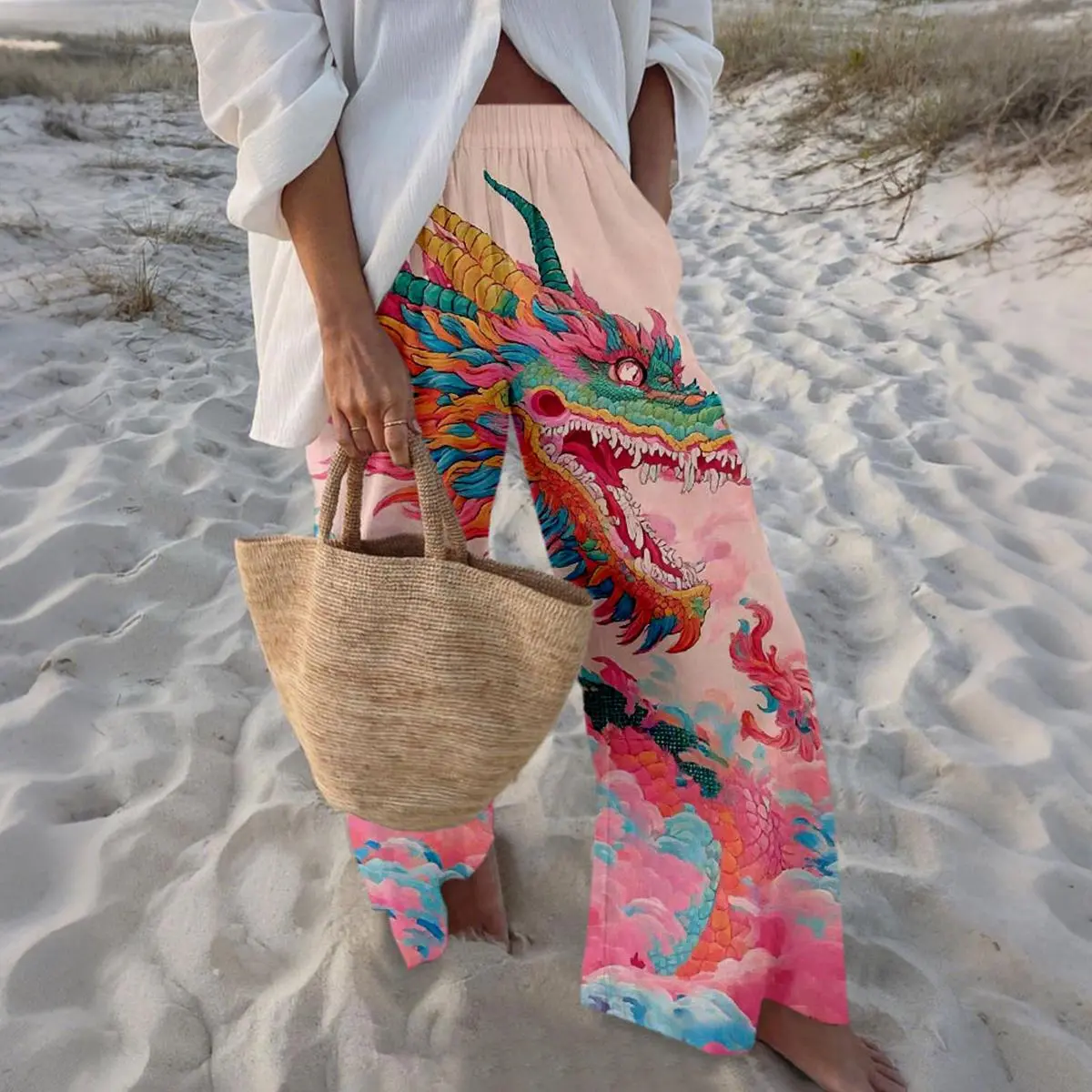 Women's Chic Eastern-Style Smooth Lightweight Casual Fit Beach Pink Dragon & Auspicious Cloud Print Palazzo Pants, Vacation Bottoms Compatible with Matching Tops & Shirts, Bag-Friendly Design