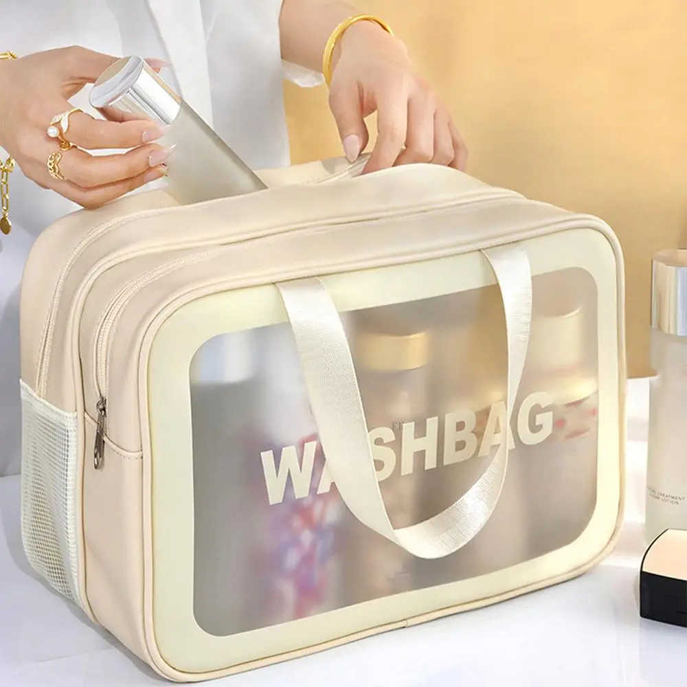 Frosted Translucent 2 Grid Wash Bag with Zipper & Handle, 1 Count Portable Cosmetic Storage Bags, Large Capacity Toiletry Bag for Home Travel, Summer