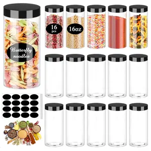 Plastic Jar with Lids 16oz Clear Empty Containers 16Pcs Straight Cylinders Storage Jars with Airtight Black Lid Stackable Refillable Round Plastic Jars for Kitchen Food & Home Storage