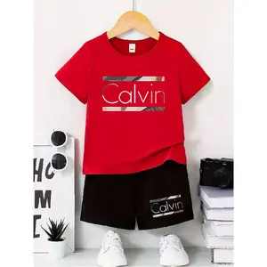 2pcs Kids' Short Sleeve Shorts Set - Street Fashion Casual Style - British Style "Calvin" Letter Graphic Print, Lively and Playful Design - Summer Casual Outdoor Set, Polyester Fiber, Comfortable for All Seasons, Daily Casual Wear |   Lively Printed