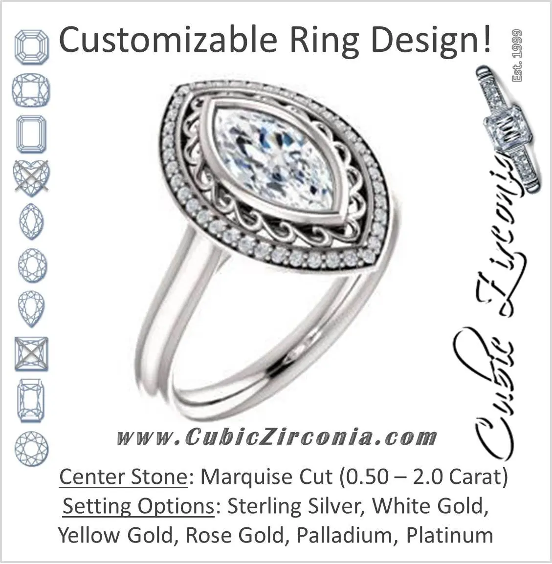 Cubic Zirconia Engagement Ring- The Bessie (Customizable Cathedral-Bezel Marquise Cut Design with Flowery Filigree and Halo)