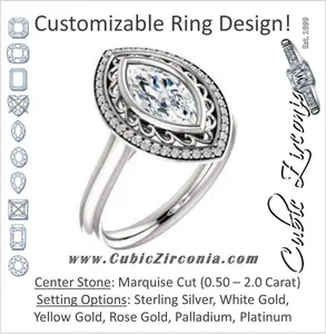 Cubic Zirconia Engagement Ring- The Bessie (Customizable Cathedral-Bezel Marquise Cut Design with Flowery Filigree and Halo)