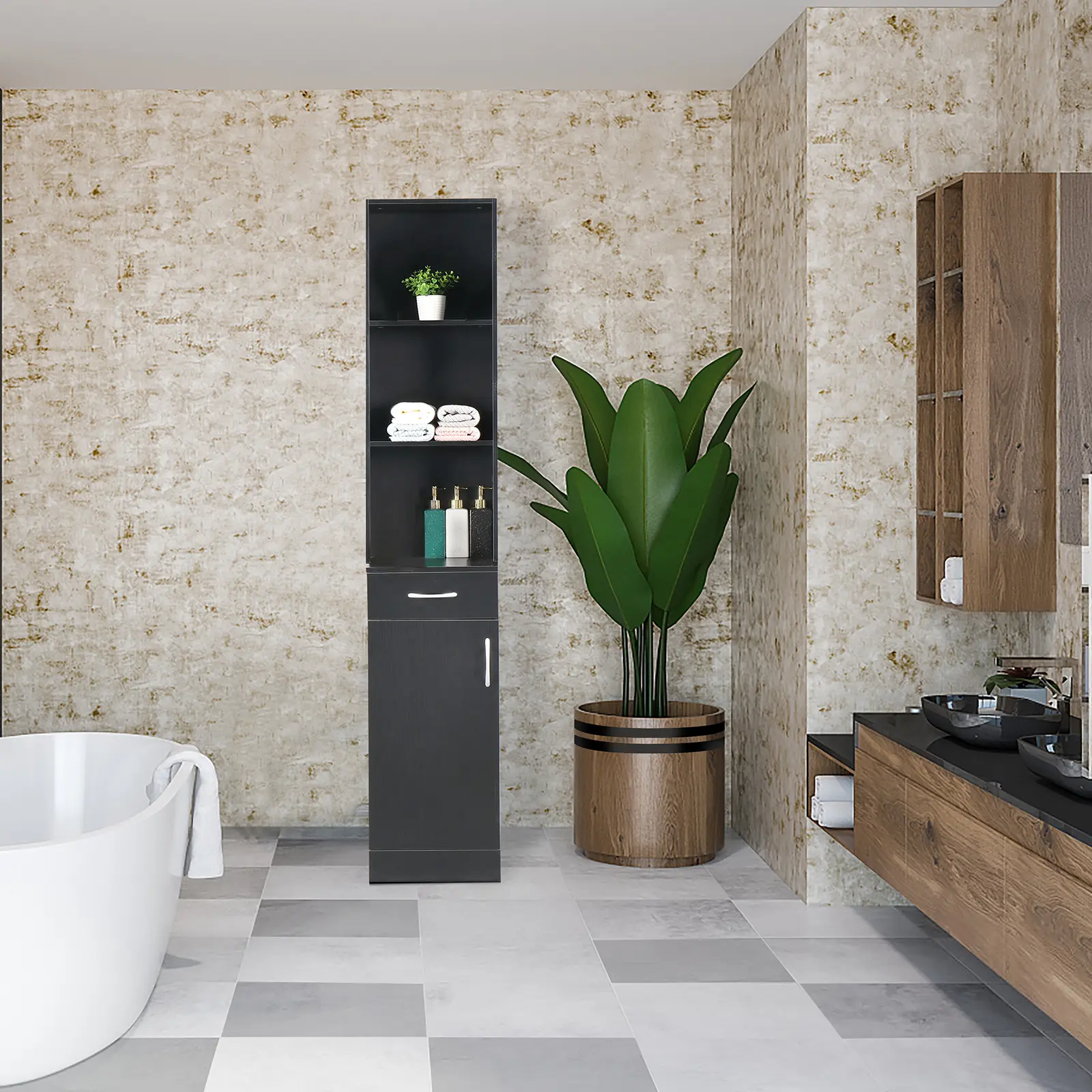 Karl Home FCH Triamine-Coated MDF Bathroom Storage Cabinet - 1 Door, 1 Drawer, 3 Compartments (Black)