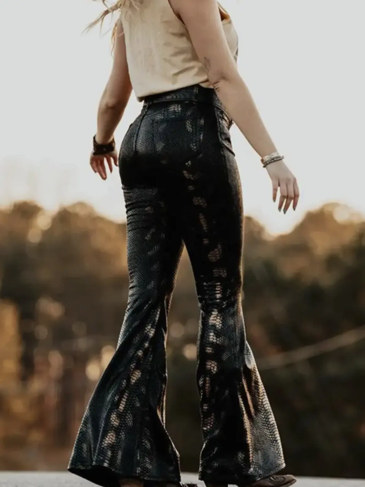 Western Royalty Boutique - Exotic Snake Print Bell Bottom Women's Western Pants - Gothic Style, Breathable Material