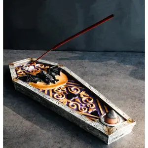 Wicca Mystical Black Bat Skull Full Moon Vampire Coffin Incense Burner Figurine