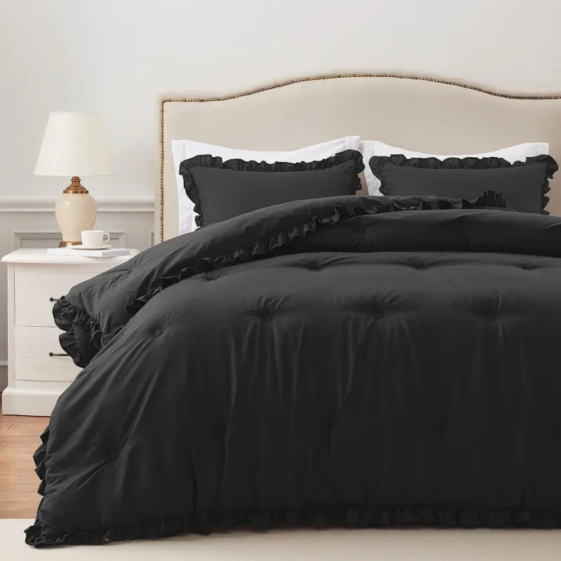 Queen Size Black Aesthetic Duvets Bed Bundle - Distressed Glam Ruffled Edge 3-Piece Cover Set (1 Cover, 2 Pillowcases), 6-Piece Sheet Set, Cooling Gel Memory Foam Mattress Topper, Satin Point Stitch, Fast Shipping, Dry Clean Only, Hand Wash Only, Bedroom