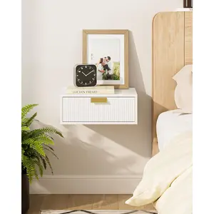 Floating Nightstand, Floating Shelf with Drawer, Wall Mounted Nightstand, Floating Bedside Table (White Stripe)