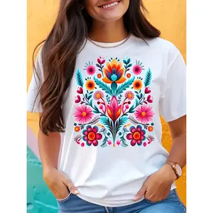Women'S Vibrant Mexican Floral Embroidered T-Shirt - Colorful Short Sleeve Crew Neck Top with Traditional Mexican Design, Casual Spring/Summer/Fall Wear, Mexican T Shirts