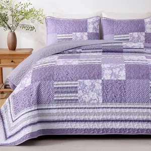 3 count Patchwork Quilt Set  Size, Purple n White Plaid Design Bedding Set, Soft n Cozy Microfiber Quilt, Lightweight Bedspread Bed Cover with 2 Pillow Shams for All Season