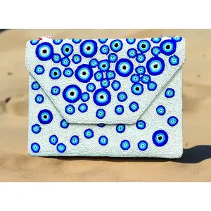 Hand Beaded Evil Eye Crossbody Purse - White with Blue Evil Eyes, Secure Zip Top & Interior Pocket, 10" x 7", Chic Chain Strap Option