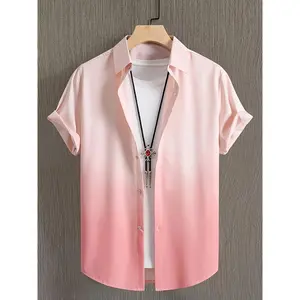 Men's Casual Gradient Pink Short Sleeve Shirt - Breathable Polyester, Button-Up Collar, Perfect for Summer