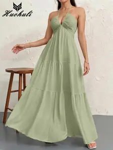Women's Halter-neck Maxi Dress, Summer Plain Adjustable Strap Halter Dress, Casual Basic Loose Fit V-Neck Sleeveless A-Line Long Dress for Party Beach Holiday Vacation