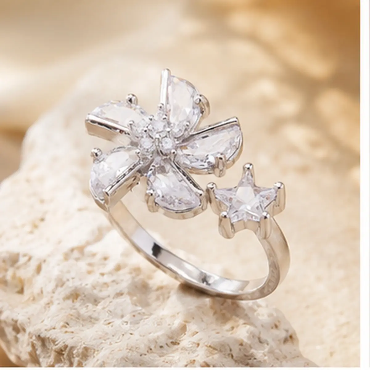 Women's Feminine Asymmetrical Flower-Star Open Ring, Crystal-Look Sparkling Petal Statement Ring, Adjustable Size Wrap Band, Lightweight Elegant Costume Jewelry for Date Night, Gift