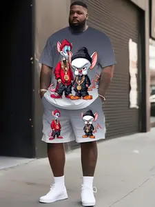Men's Hip Hop Cartoon Print Short Sleeve Set, Gradient Design, Summer Clothing, Breathable Soft Fabric, Plus Size, Menswear, Outfit