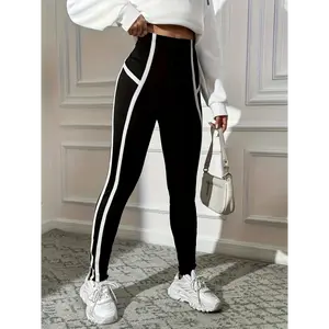 Women'S High-Waisted Black Athletic Leggings with White Stripes - Stretchy, Comfortable, and Breathable for Gym, Yoga, and Casual Wear