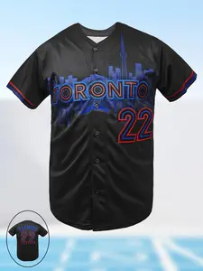Men's Letter & Figure Embroidered Toronto 22 Baseball Jersey, Casual Loose Short Sleeve V Neck Baseball Top for Fall & Winter, Men's Sportswear for Training & Competition, Jersey Tee