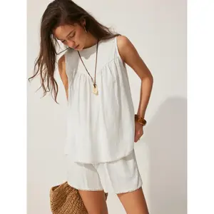 Cider Boat Neck Ruched Sleeveless Top & Mid Rise Wide Leg Shorts Set