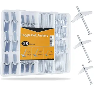 28 count Heavy Duty Hollow Wall Anchors for Drywall Ceiling, Toggle  and Wing Nut Kit, Metal Drywall Anchors and Screws Assortment Set, 3 Sizes Butterfly Anchors for Hanging 1/8, 3/16, 1/4