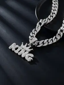 Valentine's Day Gift, Who Wears Who Rules! Hip Hop Crown Letter King Full Diamond Pendant Necklace, Fashion Necklace, Alloy Chain Street Style Jewelry