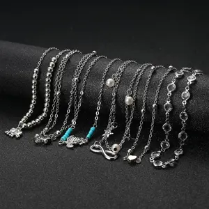Women's 20-Pcs Adjustable Stackable Cuban Link Bracelet & Beach Anklet Set, Surfer-Style Jewelry with Heart, Star, Turtle & Infinite Symbols, Silver Metal Coating, Hypoallergic, Flexible Clasp, for Summer Beach & Everyday Wear,summervibes