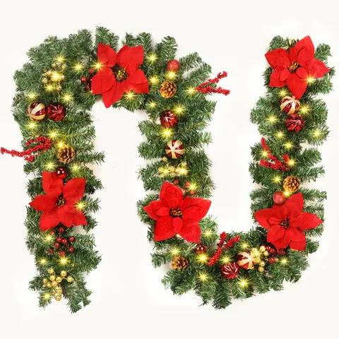 9ft PVC Lighted Poinsettia Christmas Garland, 50 Warm LED Outdoor Decorative Lights with Timer Mode, Bendable Wire for Doors/Mantles/Windows, Outdoor-Ready Festive Home Ornament
