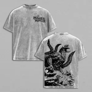 Monster Hunter Vintage Washed T-Shirt – Heavyweight Cotton Fantasy Streetwear Graphic Tee, Beast Hunter, Monster Slayer Epic Beast Battle Design, Unisex Oversized