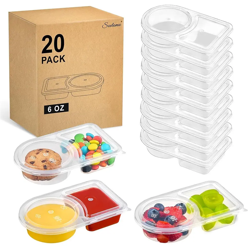 20Pack Disposable Double Compartment Sauce Containers with Lids Leakproof BPA-Free PP Condiment Cups Small Sealed Dipping Bowls for Meal Prep Picnic Bento Takeout Lunch Travel RV Kids School Party Camping Office Pantry Freezer Kitchen Storage