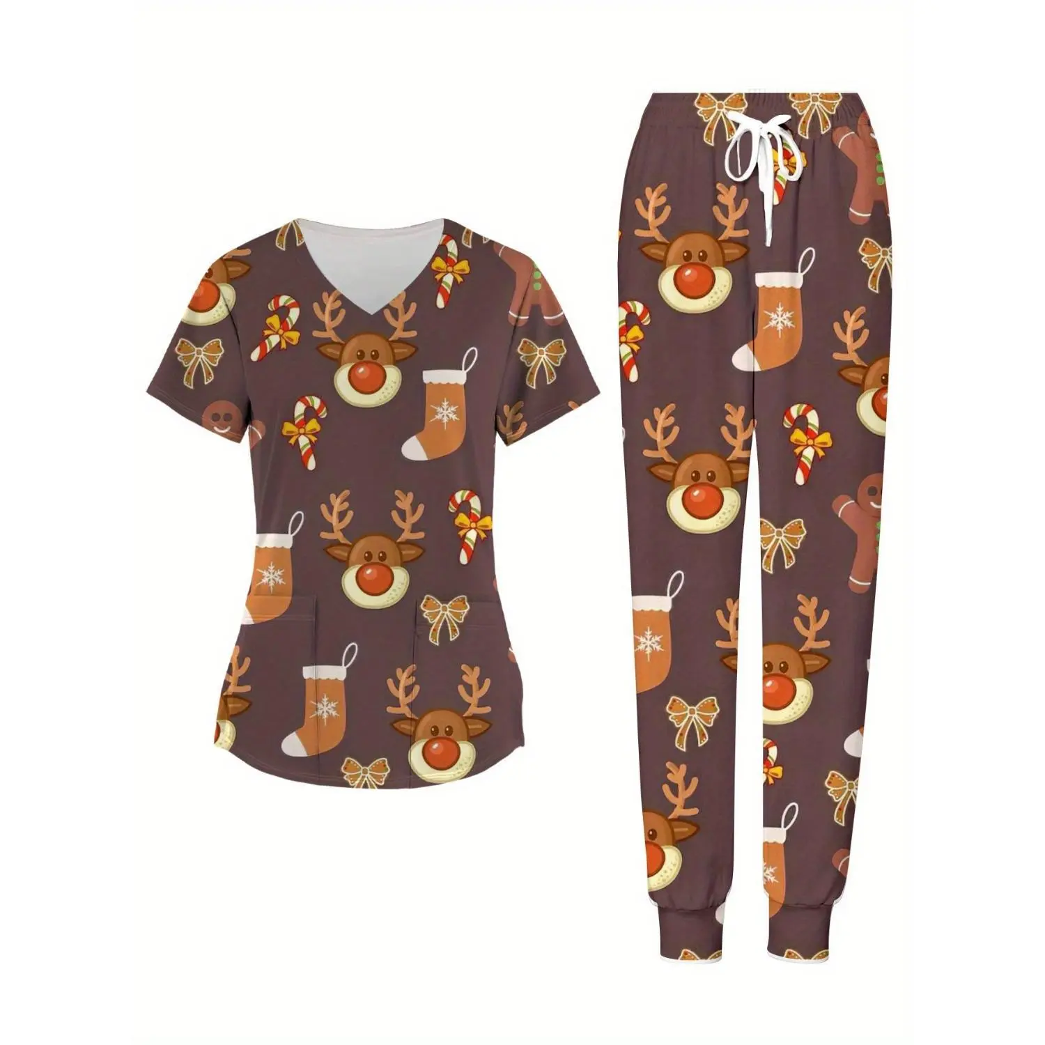 Festive Christmas Nursing Set - Dark Brown V-Neck with Colorful 3D Elk, Candy, and Socks Print, Perfect for Work and Casual Wear