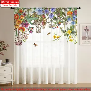 Digital Print Semi-Transparent Drapes, Wildflower Bee Pattern, Rod Pocket Top, Anti-Fade Polyester, Soft Smooth, Washable, Home Window Decor