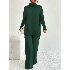 Women’s Knit Suit D240769 – Dark Green Simple Solid Color Fitted Turtleneck Top & Wide-Leg Pants Set – Casual, Elegant Basic Women’s Wear