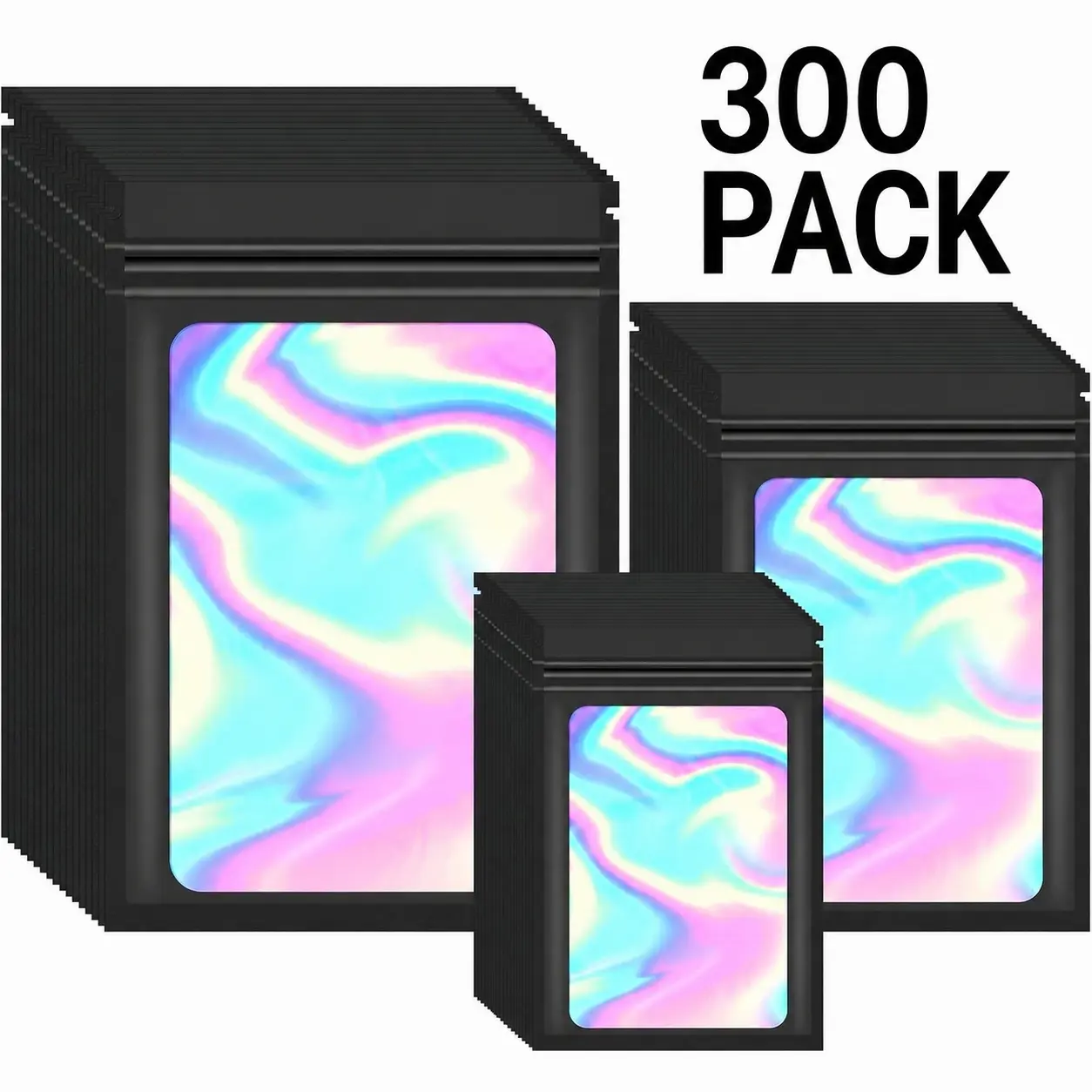 Pack of 300 Holographic Bags Mylar Ziplock Bags Mylar Edibles Pouch with Window Reusable Mylar Bag for Sample Packaging (Black, 3x4.7 Inch / 4x6 Inch / 4.7x7.8 Inch)