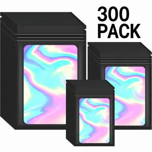 Pack of 300 Holographic Bags Mylar Ziplock Bags Mylar Edibles Pouch with Window Reusable Mylar Bag for Sample Packaging (Black, 3x4.7 Inch / 4x6 Inch / 4.7x7.8 Inch)
