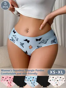 Women's Seamless Panties Set, Butterfly Print Slim Fit Comfortable Triangle Underwear, All Seasons Sexy Briefs, 5 Pieces, Womenswear