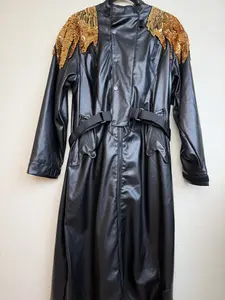#195Luna Sparkle Black Leather Trench Coat with Gold Sequin Shoulders and Belted Design