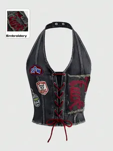 ROMWE Avant Y2K Retro Lace-Up Low Waist Cropped Denim Top – Graphic Logo Embroidered Jersey Sports Ballet Style Sexy Summer Top for Women