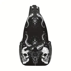 Fashionable And Durable Crossbody Chest Bag Featuring a Baphomet Design with Two Skulls, Perfect for Hiking, Shopping, Leisure Travel, Or As a Beach Bag. This Large-Capacity Backpack Is Also Suitable for Fishing And Makes a Great Accessory for Hallo