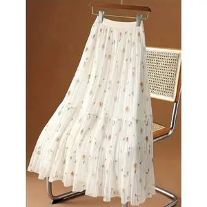 womens dresses,Elegant Floral Pleated Long Skirt for Women - Colorful floral pattern, high-waisted design, flowy style, suitable for all seasons, high-waisted skirt