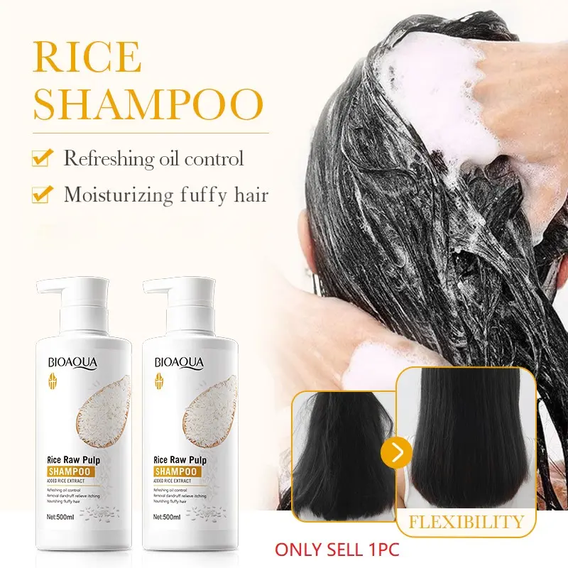 BIOAOUA Rice Essence Shampoo 500ML, Haircare, Smooth Cleansing, Volumizing Hair, Natural Ingredients, Gentle Formula, Daily Use